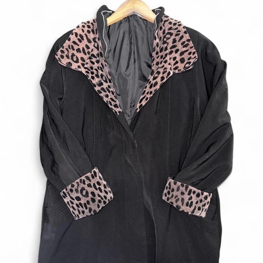 Vintage Rainshedder Coat Womens 12 Black Leopard Collar Overcoat Lined Mob Wife